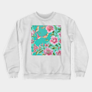 Pink and turquoise chinoiserie flowers and birds Crewneck Sweatshirt